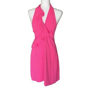 NWT Amanda Uprichard Hot Pink Ruffle Tie Neck Halter Mini Dress - L